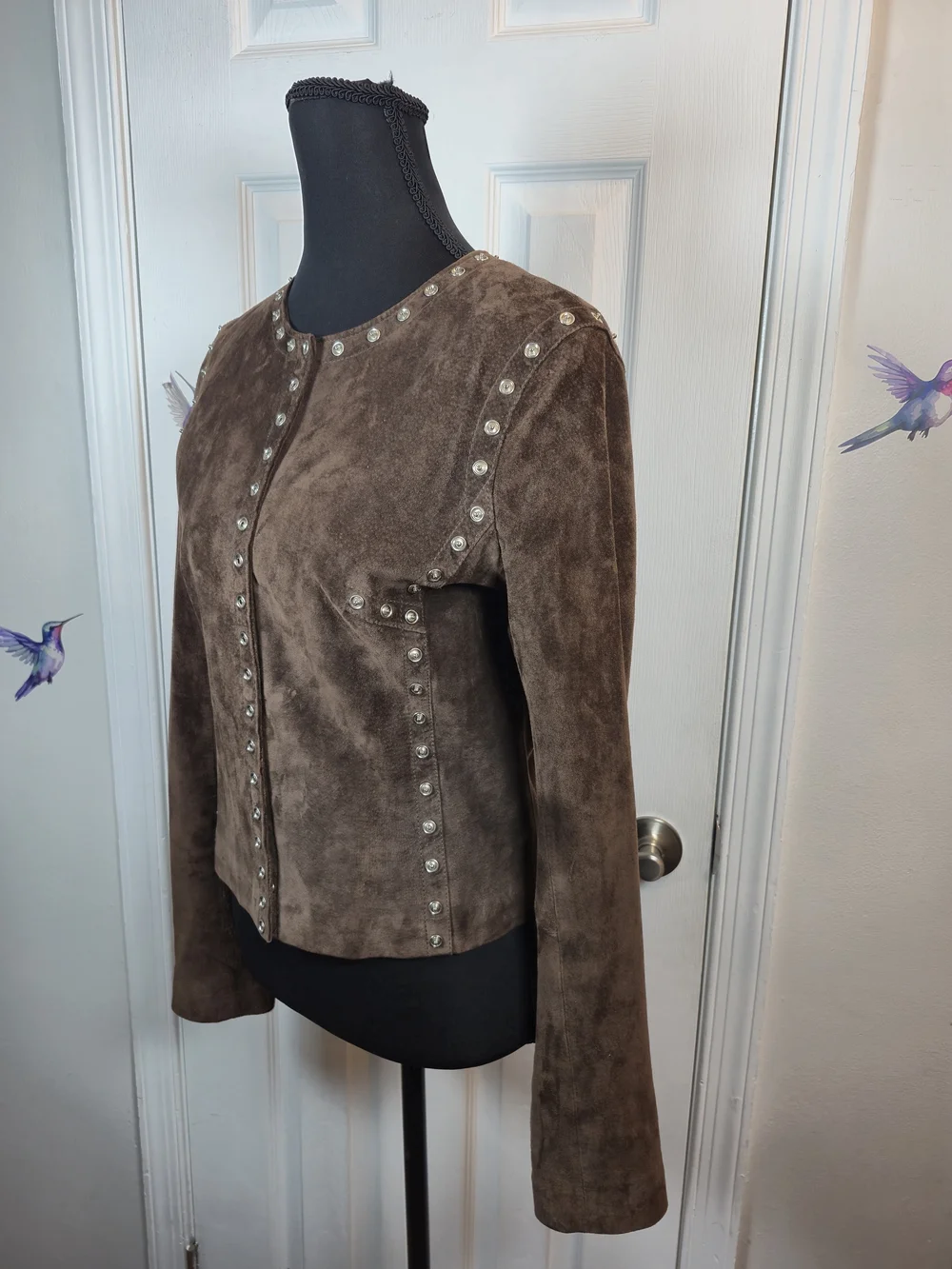 CACHÉ Vintage Genuine Suede Studded Moto Jacket Brown Leather Small Boho Western - Picture 3 of 6